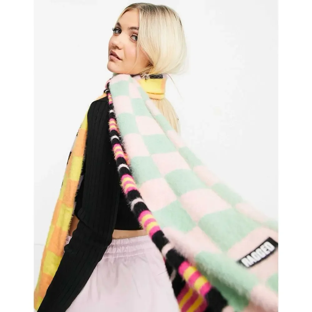 Ragged Priest Fuzzy Patchwork Scarf Multicolor Striped Checkered NWT